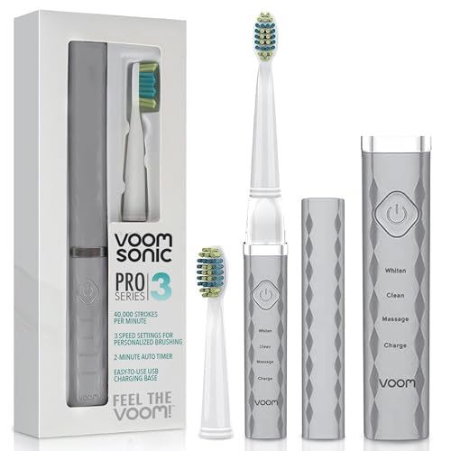 Voom Sonic Pro 3 Series Ultrasonic Electric Toothbrush for Adults (Silver) – USB Rechargeable 40,000 Strokes/Minute – 3 Speeds – Bathroom Essentials & Travel Essentials Silver