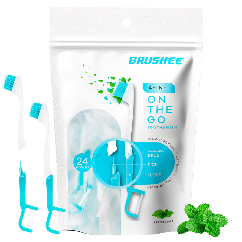 Brushee - The Evolution of Oral Care | 4-in-1 Tool (Paste + Brush + Floss + Pick) | Individually Wrapped | Disposable | Prepasted Travel Toothbrushes | Small Adult Toothbrush - (24-Pack) 24 Count (Pack of 1) Original - BeesActive Australia