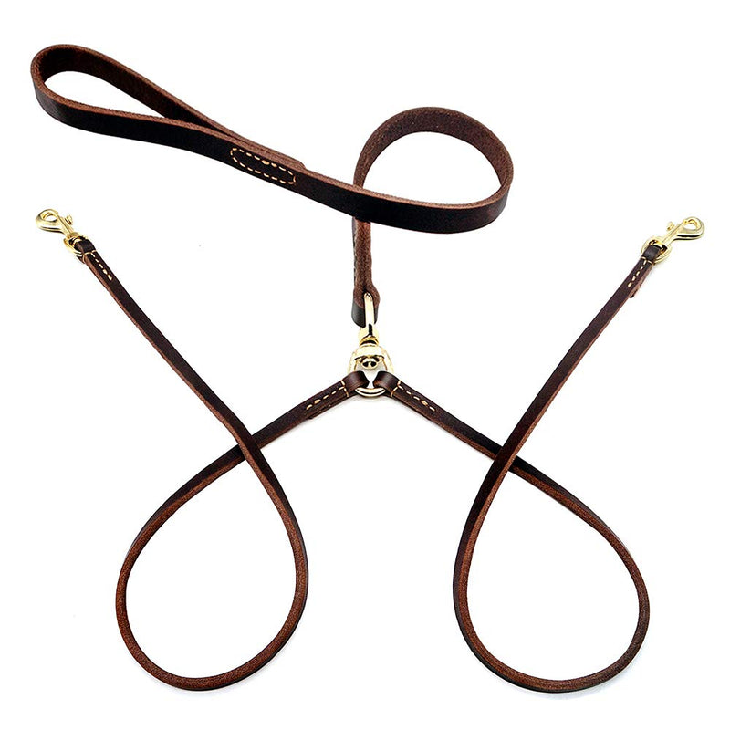 Real Leather Double Dog Leash, No Tangle Dual Dog Leashes with Heavy Duty Shiny Coupler, 5 Feet Pet Training and Walking Leads for 2 Puppies, Small and Medium Dogs, Brown - BeesActive Australia