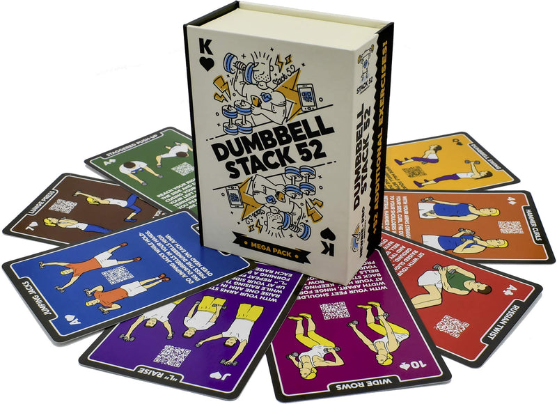 Stack 52 Dumbbell Exercise Cards. Workout Playing Card Game. Video Instructions Included. Perfect for Training with Adjustable Free Weight Sets and Home Gym Fitness. (2019 Mega Pack) 107 Card Mega Pack