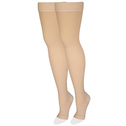 Nuvein Medical Compression Stockings, 20-30 mmHg Support, Women & Men Thigh Length Hose, Open Toe, Beige, Medium
