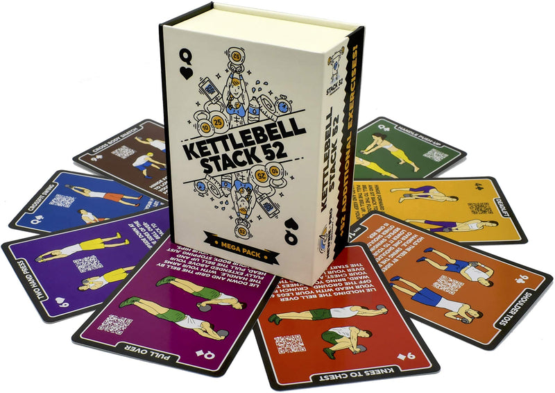 Stack 52 Kettlebell Exercise Cards. Workout Playing Card Game. Video Instructions Included. Learn Kettle Bell Moves and Conditioning Drills. Home Fitness Training Program. (2019 Mega Pack) 2019 Mega Pack