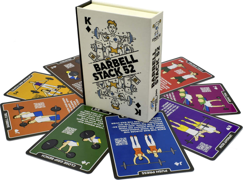 Stack 52 Barbell Exercise Cards. Weight Lifting Playing Card Game. Video Instructions Included. Bodybuilding, Strength Training, and Crossfit Workouts. Home Gym Fitness Program. (2019 Update) 2019 Update