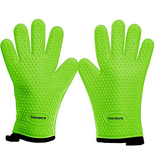 KITCHEN PERFECTION Silicone Smoker Oven Gloves -Extreme Heat Resistant BBQ Gloves-Handle Hot Food Right on Your Grill Fryer&Pit|Waterproof Grilling Cooking Baking Mitts |Superior Value Set +2 Bonuses Green One Size
