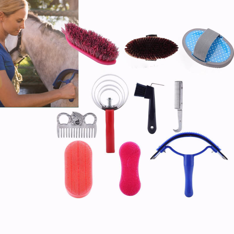 10PCS Horse Cleaning Tool Set Horse Grooming Care Kit Horse Brush Set with Hoof Pick Sweat Scraper Assorted Hair and Curry Comb Pick Itching Brushes - BeesActive Australia