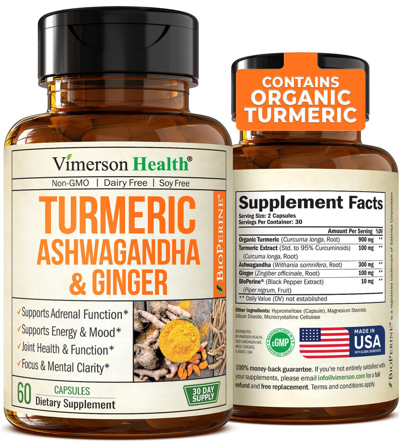 Turmeric Curcumin & Ashwagandha Supplements with Black Pepper. 95% Curcuminoids. Joint Support Supplement with Organic Tumeric, Ginger & Bioperine. Aids Joint Health, Energy, Mood & Overall Well-Being 60 Count (Pack of 1) - BeesActive Australia