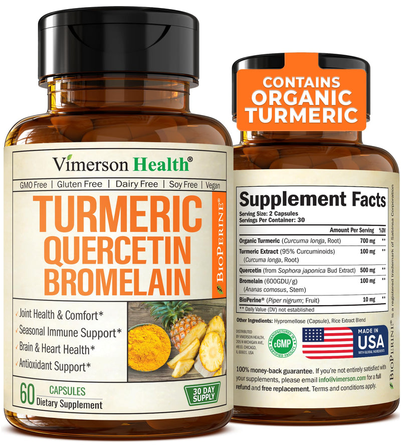 Quercetin with Bromelain & Turmeric Curcumin - Bromelain Supplement with Black Pepper. Immune & Joint Support Supplement - BioPerine & 700mg Organic Tumeric for Inflammation Balance & Allergy Support 60 Count (Pack of 1) - BeesActive Australia