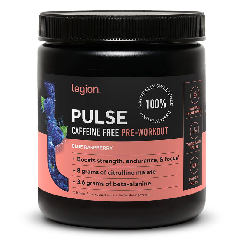LEGION Pulse Pre Workout Supplement - All Natural Nitric Oxide Preworkout Drink to Boost Energy, Creatine Free, Naturally Sweetened, Beta Alanine, Citrulline, Alpha GPC (Caffeine Free Blue Razz) Caffeine Free Blue Raspberry - BeesActive Australia
