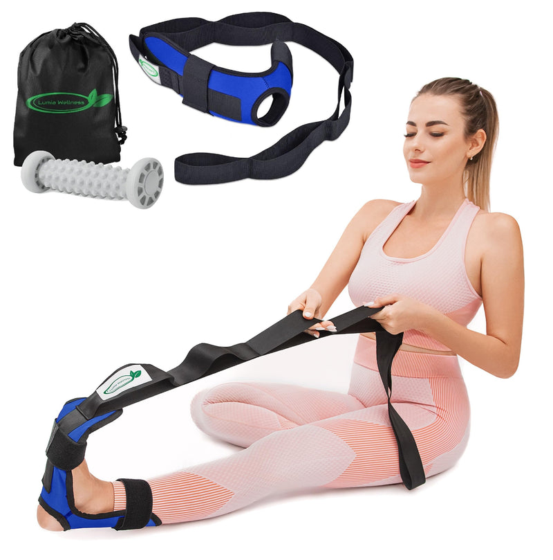 Foot & Calf Stretcher for Plantar Fasciitis, Includes Foot Massage Roller, Achilles Tendinitis, Foot Drop, Yoga Foot & Leg Stretching Strap Blue - BeesActive Australia