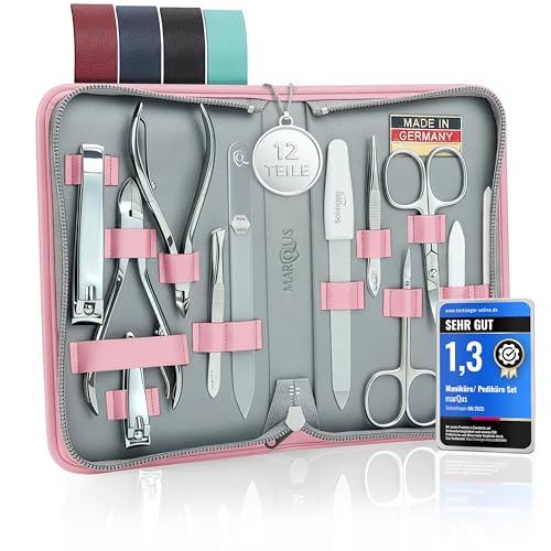 Manicure Set Women and Men – 12-Piece Professional Grooming Kit with Premium Tools, Genuine Leather Case, and Exclusive Glass Nail File for Hand & Foot Care, German Quality Pink