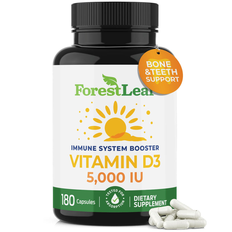 ForestLeaf Vitamin D3 5000 IU | VIT D - VIT D3 Vitamin D Supplements for Women and Men | Bone Health, Teeth and Immune Support | Easy to Swallow Pills | One Capsule Daily, 6-Month Supply, 180 Count 5,000 IU - 180 Count