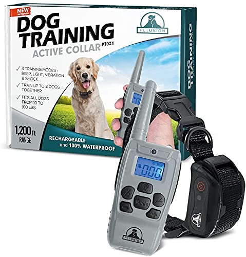 Pet Union PT0Z1 Premium Training Shock Collar for Dogs with Remote - Fully Waterproof, 4 Adjustable Training Modes - Shock, Vibration, Beep - Up to 1200ft Range Light Gray - BeesActive Australia