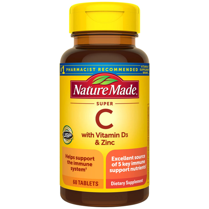 Nature Made Super C with Vitamin D3 and Zinc, Dietary Supplement for Immune Support, 60 Tablets, 60 Day Supply Unflavored 60 Count (Pack of 1) - BeesActive Australia