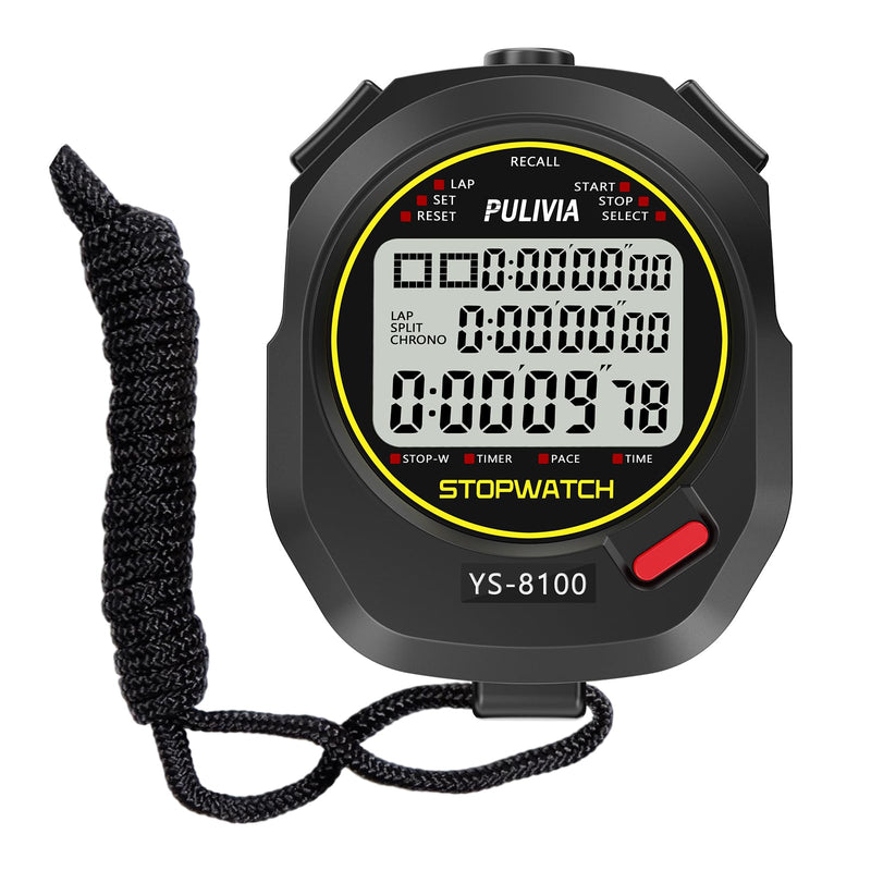 Sports Stopwatch Timer 100 Lap Split Memory Digital Stop Watch, Countdown Timer Pace Mode 12/24 Hour Clock Calendar with Alarm, 3 Rows Display Large Screen Water Resistant Battery Included