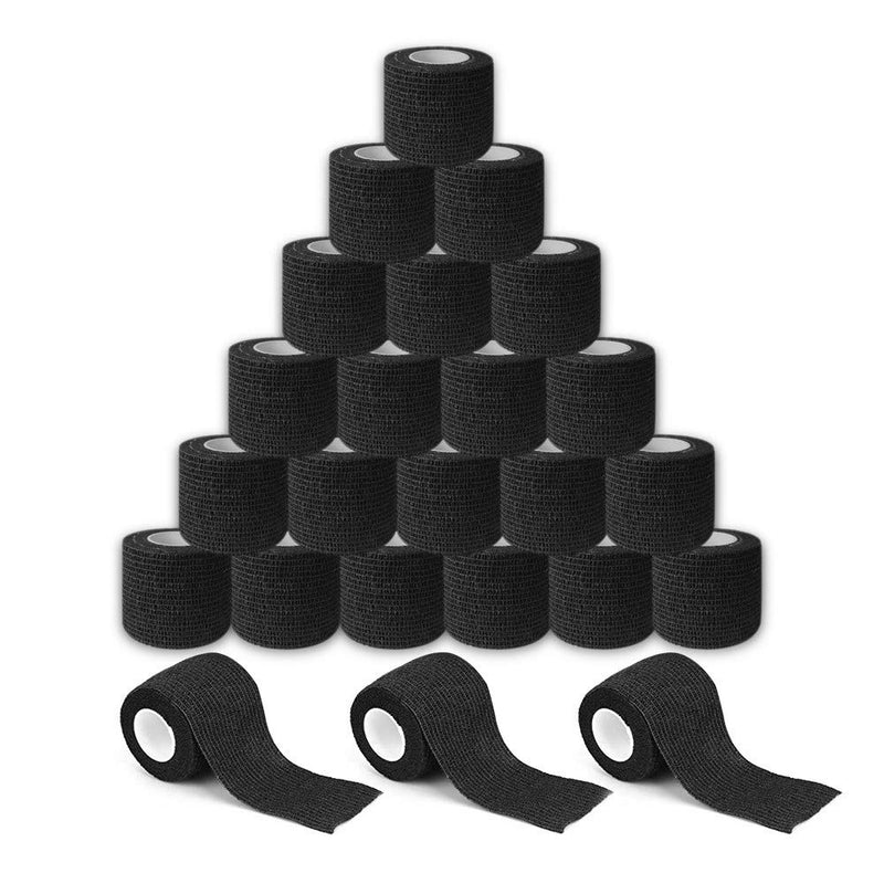 Tattoo Grip Cover Wrap - Yuelong 24pcs 2” x 5 Yards Black Disposable Cohesive Tattoo Grip Tape Wrap Elastic Bandage Rolls Self-Adherent Tape for Tattoo Machine Grip Tube Accessories, Sports Tape Black 24
