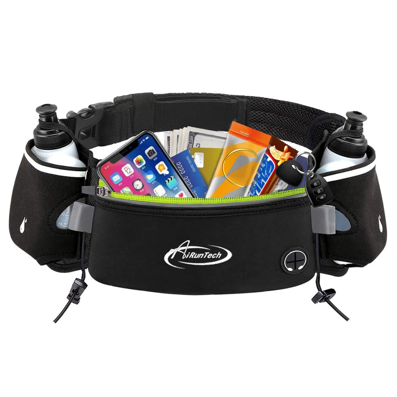 AiRunTech Hydration Running Belt with Water Bottle, Running Fanny Pack for Phone and Wallet Holder, Running Bag Runners Essentials Accessories Marathon Triathlon Walking Jogging Gear Gift BK+GN 2*6 OZ bottles - BeesActive Australia