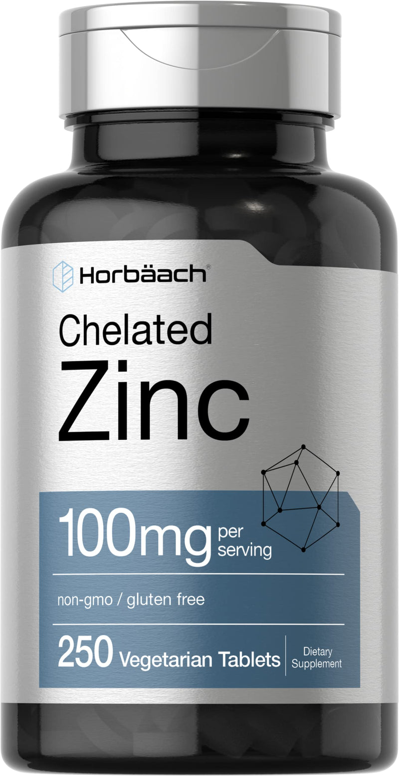 Horbäach Chelated Zinc Supplement 100mg | 250 Tablets | High Potency & Superior Absorption | Vegetarian, Non-GMO, Gluten Free - BeesActive Australia