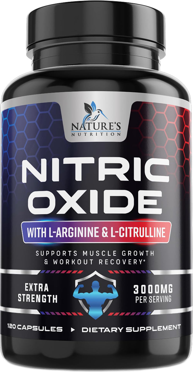 Nitric Oxide Booster Extra Strength - 3X Strength L-Arginine & Citrulline Supplement - Best Nitric Oxide Supplements for Men - Supports Muscle, Heart Health, Energy - Bottled in USA - 120 Capsules 120 Count (Pack of 1)