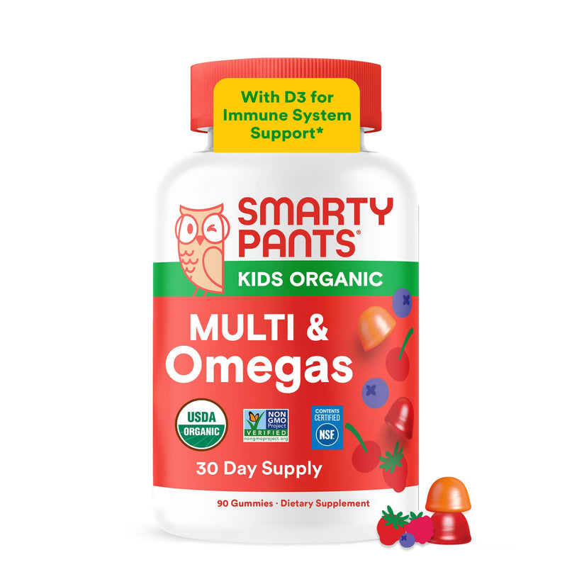 SmartyPants Organic Kids Multivitamin Gummies: Omega 3 (ALA), Beta Carotene, Vitamin B12, B6, A, K & Zinc for Immune Support, Biotin, Vegetarian, Three Fruit Flavors, 120 Count (30 Day Supply) 1 Count (Pack of 1) Organic + Omega