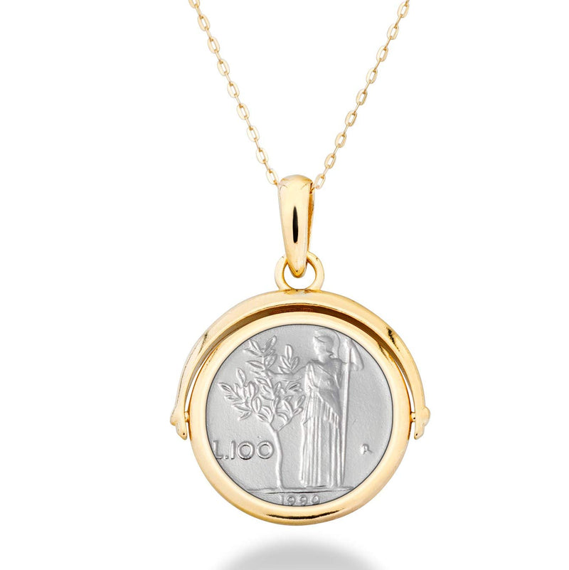 Miabella 18K Gold Over Sterling Silver Italian Genuine Reversible Flip 100 Lira Coin Pendant Necklace with 14-24 Inch Adjustable Chain, Gold Medallion Necklace Made in Italy - BeesActive Australia