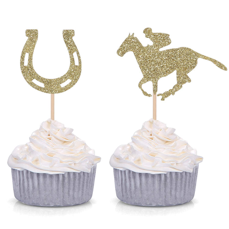 24 Kentucky Derby Cupcake Toppers Equestrian Horse Theme Party Picks Gold Glitter Party Supply - BeesActive Australia