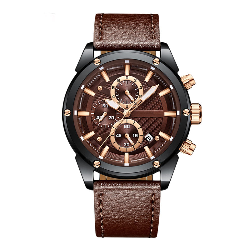 RORIOS Men Watch Leather Band Watch Calendar Luminous Stopwatch Lap Timer Multifunction Waterproof Wrist Watch