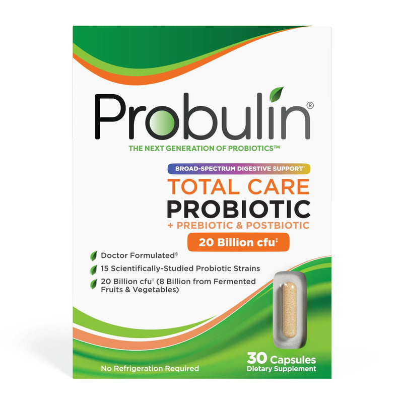 Probulin Total Care Probiotic Supplement, Daily Gut, Digestive, and Immune Health Probiotics Capsules for Men and Women, 20 Billion CFU, Vegan, 30 Count Box 30 Count (Pack of 1)