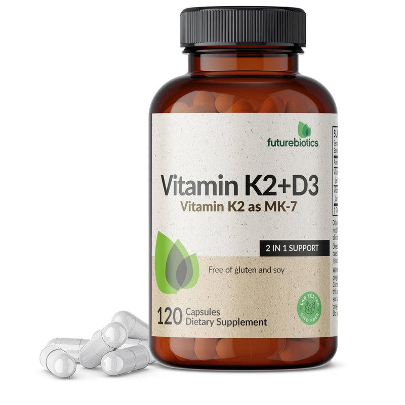 Futurebiotics Vitamin K2 MK-7 90 mcg + D3 5000 IU, 120 Vegetarian Capsules | 2-in-1 Bone, Immune & Heart Health Support, Helps Transport Calcium to Bones, Non-GMO, Gluten-Free & Soy-Free 120 Count (Pack of 1)