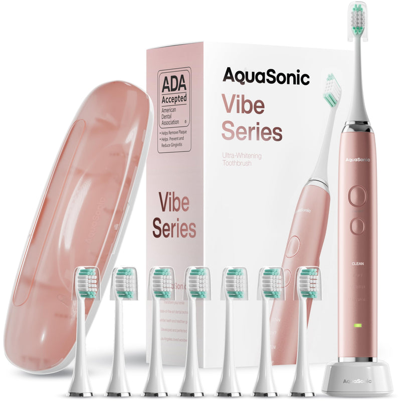 Aquasonic Vibe Series Ultra-Whitening Toothbrush – ADA Accepted Electric Toothbrush - 8 Brush Heads & Travel Case – 40,000 VPM Motor & Wireless Charging - 4 Modes w Smart Timer – Satin Rose Gold - BeesActive Australia