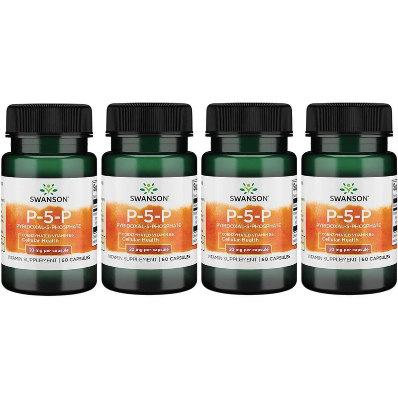 Swanson P-5-P Coenzymated Vitaminb-6, 20 mg, 60 Capsules, 4 Pack | Coenzymated Vitamin B-6 That Bypasses Liver Conversion, Goes to Work Immediately to Promote Cardiovascular Maintenance 60 Count (Pack of 4)