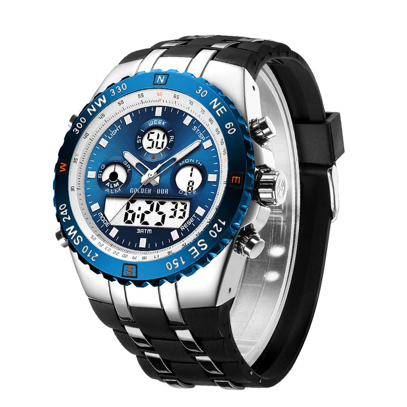GOLDEN HOUR Luxury Military Sports Men's Watches Large Size Big Face 3ATM Waterproof, Stopwatch, Date and Date, Alarm, Luminous Digital Analog Wrist Watch with Rubber Band silver blue