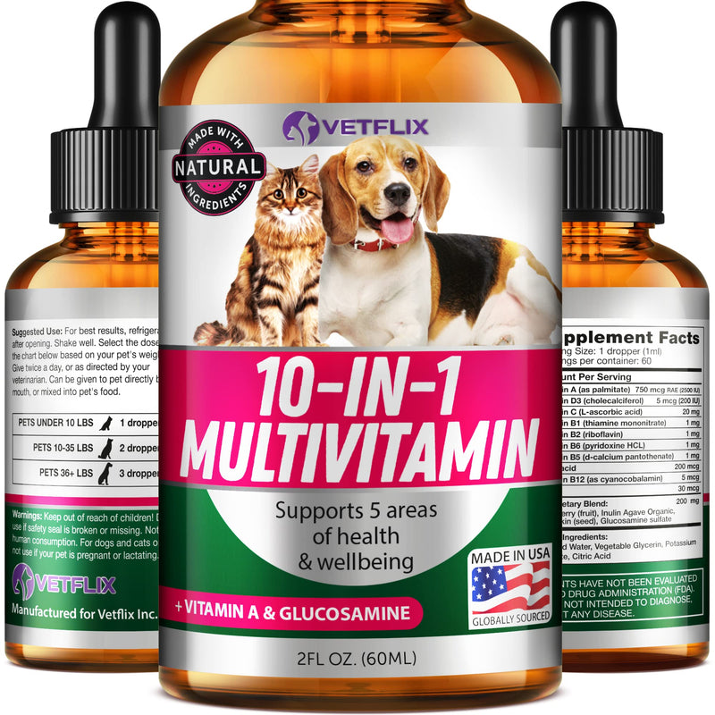 Pet Vitamins 10-in-1 Made in USA - Natural Glucosamine for Dogs & Cats, Essential Multivitamin Blend for Pet Joint Health, Longevity, Gut & Immune Health - All Ages, Breeds and Sizes 2 fl oz - PawsPlanet Australia
