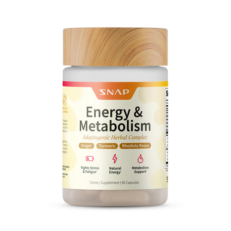Snap Supplements Energy & Metabolism Adaptogenic Herbal Complex, 60 Count | Ginger, Turmeric, Rhodiola Rosea, Vitamin B12, Support Metabolism, Natural Energy, 30-Day Supply, Vegan, Gluten-Free, Non-GMO