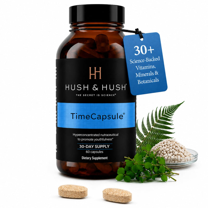 Hush & Hush TimeCapsule Healthy Aging Supplement with Collagen | Beauty multivitamin with marine collagen, hyaluronic acid, vitamin C & B12 to support skin glow and daily energy; 60 tablets