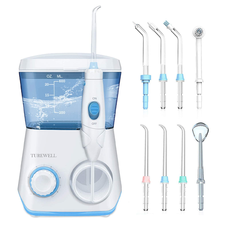 TUREWELL Water Flossing Oral Irrigator, 600ML Dental Cleaner 10 Adjustable Pressure, Electric Oral Flosser for Teeth/Braces, 8 Replacement Jet Tips for Family (White) White - BeesActive Australia