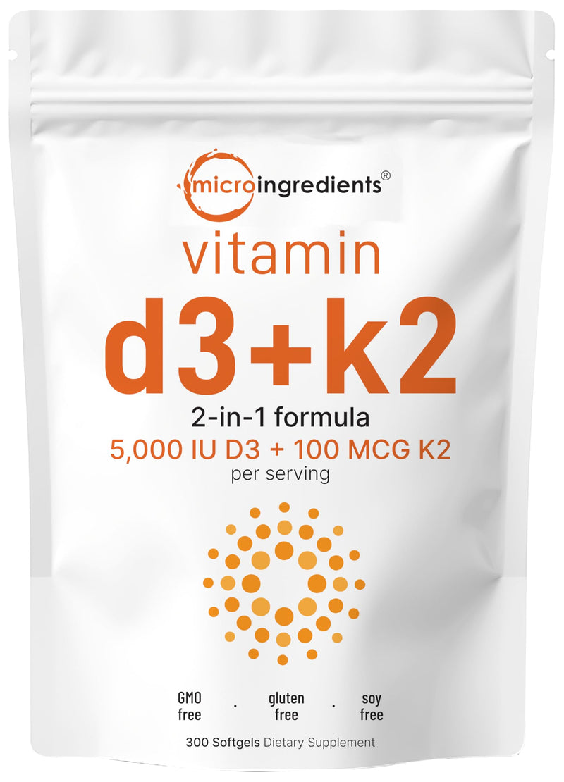 Micro Ingredients Vitamin D3 5000 IU with K2 100 mcg, 300 Soft-Gels | K2 MK-7 with D3 Vitamin Supplement, 2 in 1 Support Immune, Heart, Joint, Teeth & Bone Health - Easy to Swallow 5,000 IU Sunflower Softgels 300 Count (Pack of 1) - BeesActive Australia