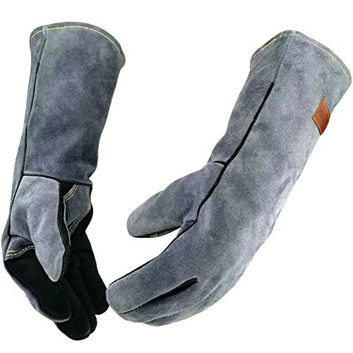 WZQH 16 In,932℉,Welding Gloves,Fireplace Glove,Fire & Heat Resistant,L Large (Pack of 1) Black-gray