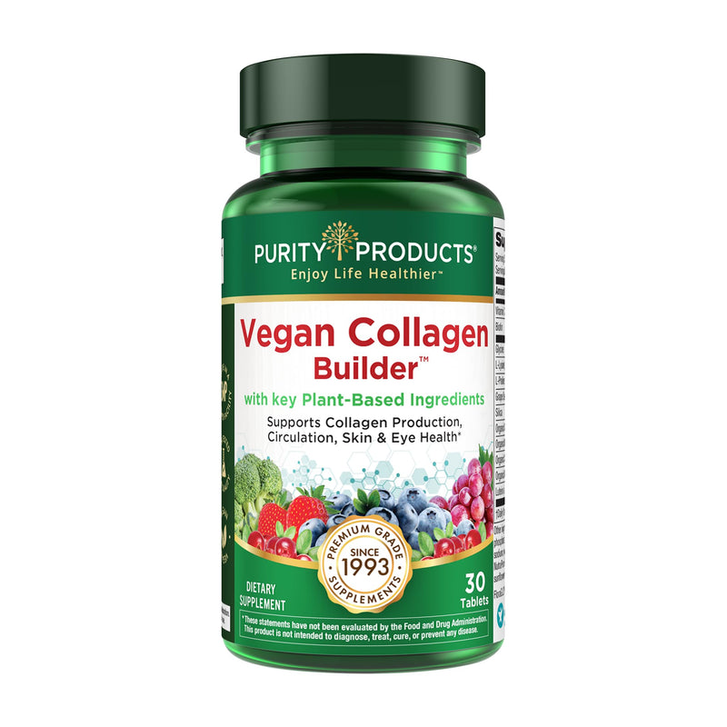 Purity Products Vegan Collagen Builder - Organic Whole Foods Fruits | & Veg, Silica, Lutein, Vitamin C, Biotin, Grape Seed - Amino Acids Glycine, Lysine & Proline Collagen Boosters - 30 Tablets Unflavored 30 Count (Pack of 1)