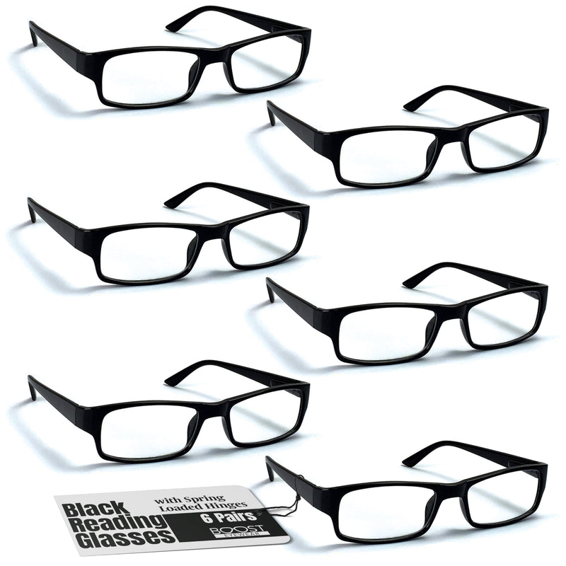 Boost Eyewear 6 Pack Reading Glasses, Traditional Black Frames, with Spring Loaded Hinges 2.0 x - BeesActive Australia