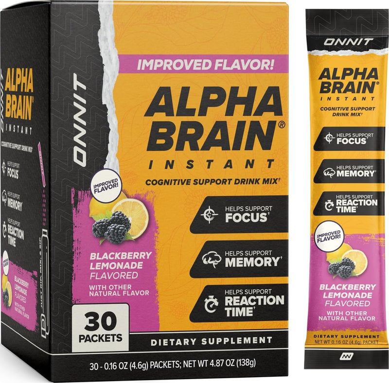ONNIT Alpha Brain Instant Nootropic Drink Mix, BlackBerry Lemonade, 30 Ct | Nootropic drink mix packets; L-Theanine, Alpha GPC & B6 support focus, memory & mental clarity; on-the-go brain supplement