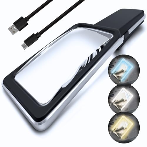 MAGNIPROS Patented 6X Rechargeable Magnifying Glass with 3 Color Light Modes & Anti-Glare Lens - Relieve Eye Strain | Perfect for Low Vision Seniors, Macular Degeneration & Fine Print USB Rechargeable