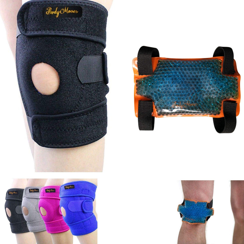 BodyMoves Kid's Knee Brace Support Plus Hot and Cold Ice gel Pack for stabilizing patella meniscus tear ligament injury prevention (SPORTY BLACK) SPORTY BLACK