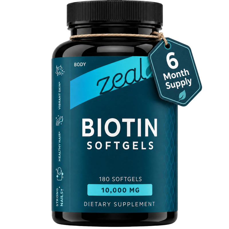 Zeal Biotin 10000mcg Oil Softgels | Hair, Skin and Nail Growth Vitamins | Vitamin Biotin Supplement | 6 mo Supply - 180 Gel Capsules