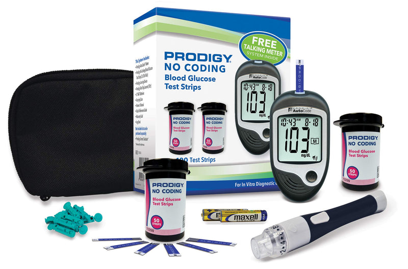 Prodigy Glucose Monitor Kit - Includes Prodigy Meter, 100ct test strips, 10ct Lancets, Lancing device, Carrying Case, Log Book - BeesActive Australia