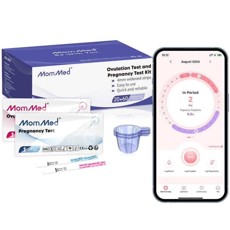 MomMed Pregnancy Test Strips (HCG20-LH60), Includes 20 Pregnancy Tests, 60 Test Strips, 80 Urine Cups, Easy to Use Ovulation Predictor Kit, Accurate Fertility Test for Women 80 Count (Pack of 1) - BeesActive Australia