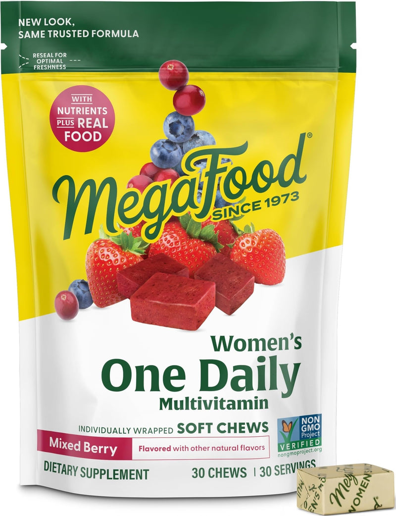 MegaFood Multivitamin for Women, One Daily, Mixed Berry, 30 Soft Chews | Immune Support, Cellular Energy & Healthy Skin & Hair with B Vitamins, Vitamin D3, C, Vegetarian, Non-GMO 30 Servings 30 Count (Pack of 1)