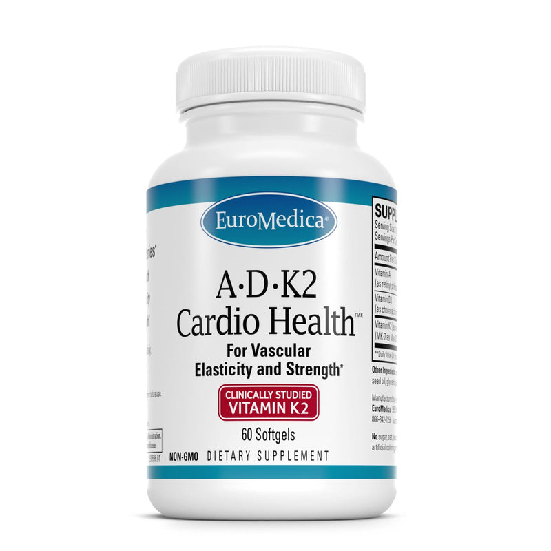 EuroMedica A-D3-K2 Cardio Health - 60 Count | Vitamin A, D3 5000 IU and K2 MK-7 Supplement - Arterial Flexibility, Bone and Cardiovascular Health Support - 60 softgels.
