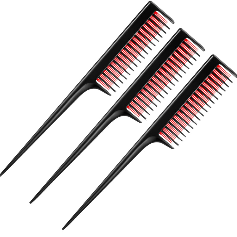 3 Piece Triple Teasing Comb, Rat Tail Combs for Women, Tool Structure Tease Layers Rattail Comb, Rat Tail Comb for Back Combing Root Teasing, Adding Volume, Evening Styling (Black and Red) Black and Red - BeesActive Australia