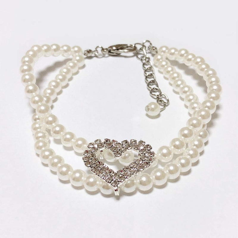 Dog Pearls Necklace Collar for Small Dogs Girl - Bling Cat Wedding Collar Pet Jewelry with Rhinestone Heart Charm - Female Chihuahua Yorkie Clothes Accessories (White, 8 to 10-Inch) Neck Size: 8"-10" White - BeesActive Australia