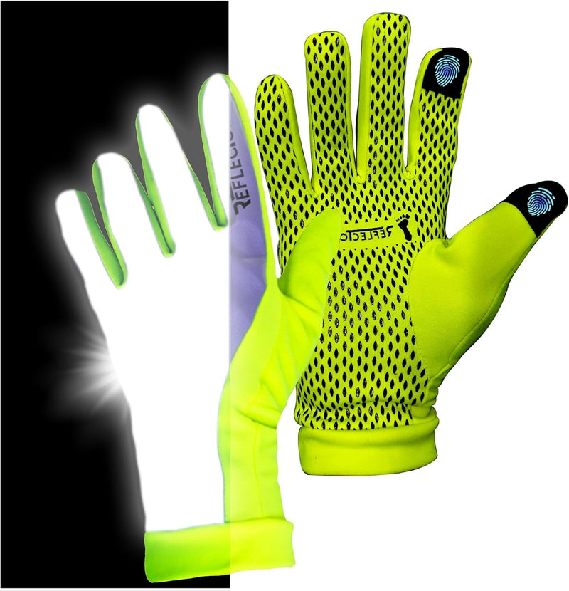 ReflecToes Reflective Winter Running Gloves - Touch Screen Compatible Warm Gloves -Thermal Fleece - Cold Weather Hi Vis Safety for Night Runs Yellow Medium